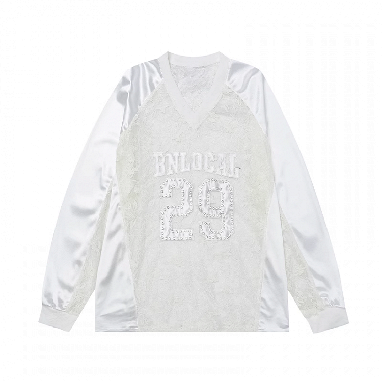 Sweatshirt Weiß V-Ausschnitt Kontrast Spitze Patches Nummer Applikation Sommer