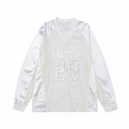 Sweatshirt Weiß V-Ausschnitt Kontrast Spitze Patches Nummer Applikation Sommer