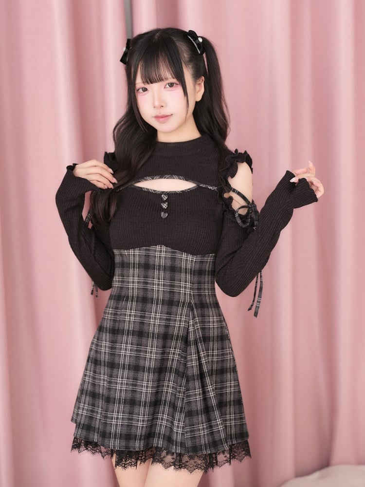 Black Cut-Out Shoulder Knit Plaid Dress with Lace Trim - No Genki