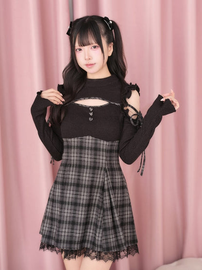Black Cut-Out Shoulder Knit Plaid Dress with Lace Trim - No Genki