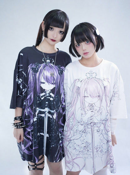 Oversized White Anime Girl Print T-Shirt - Tribuo Flos