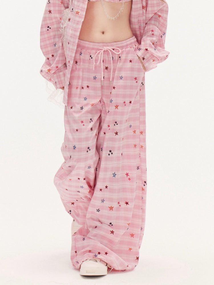 ピンクの星柄ドローストリングウエストワイドレッグチェックパンツ