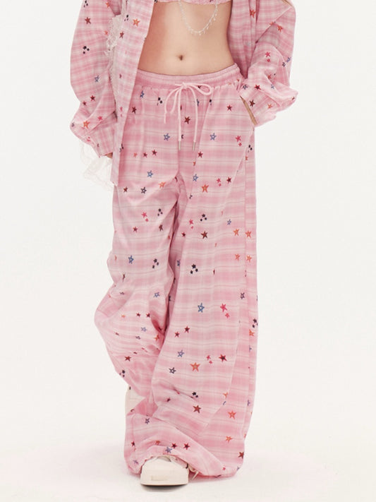 ピンクの星柄ドローストリングウエストワイドレッグチェックパンツ