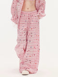 Wide-Leg Plaid Trousers with Drawstring Waist & Pink Star Print - 11shop97