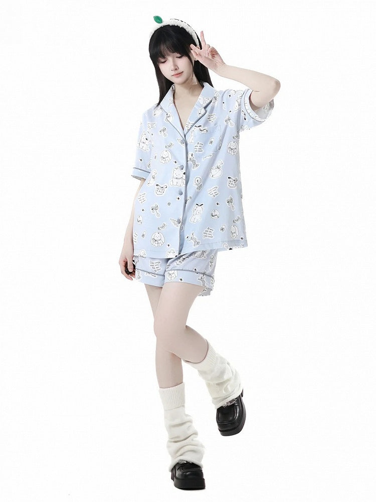 子犬プリントのパジャマセット ブルー/クリーム色 キュートなイエローライト