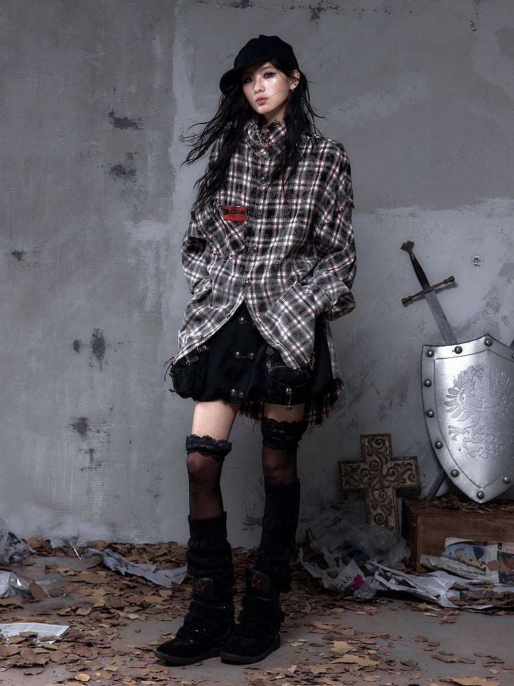 Faded Shirt Frayed Rock White Distressed Punk Edgy with Black Multi-Button Placket Hem Plaid