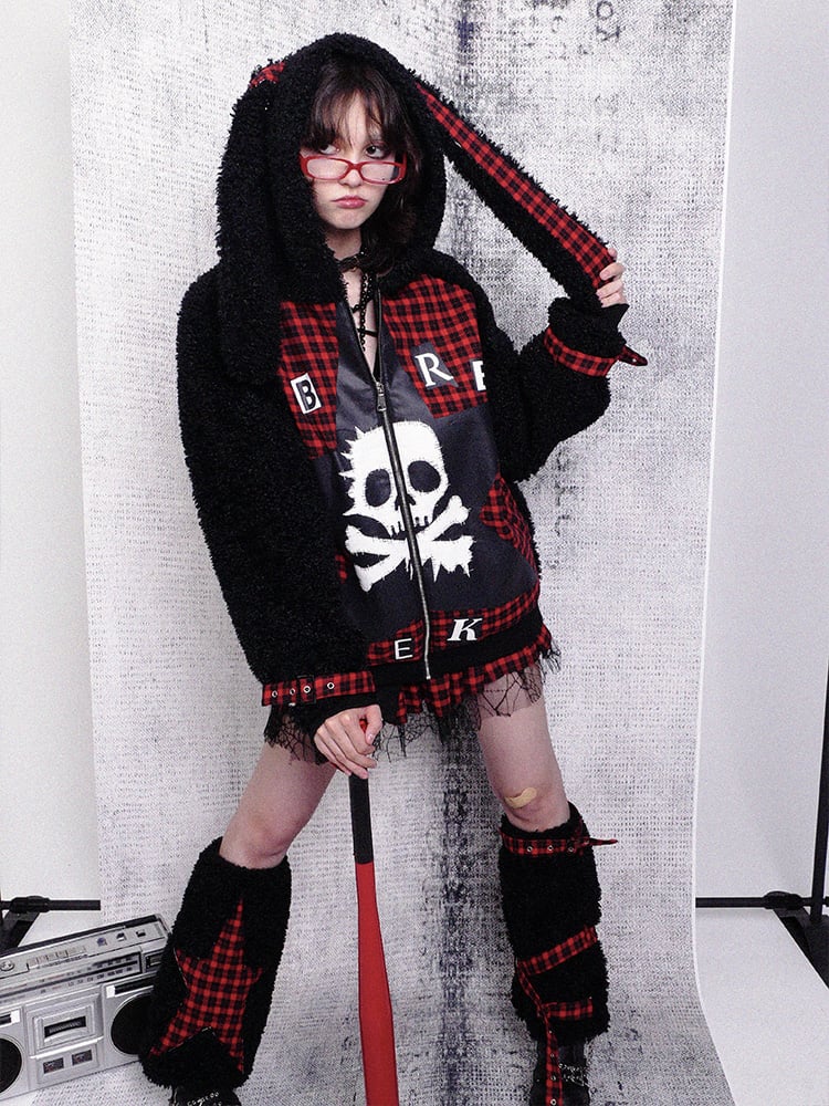 Ear Plaid Panel Adjustable Black Straps Cuff with Bunny Coat Red