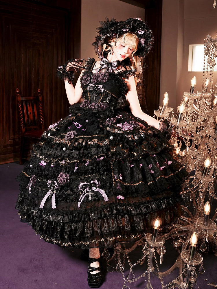 Ankle-Length Black & Purple Hanayome Hime Dress with Butterfly and Flower Accents - Cat Fairy Lolita