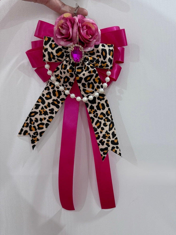 Floral Rose Pattern Beaded Red Design Decorated Leopard Hairclip/Keychain Charm Rhinestone Bowknot