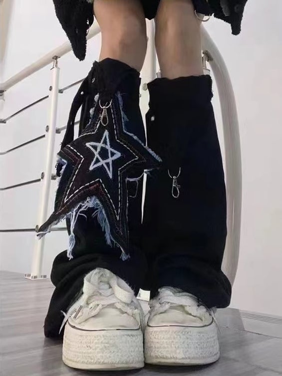 Oversized Leg BlueBlack Design Warmers Y2K Star Distressed