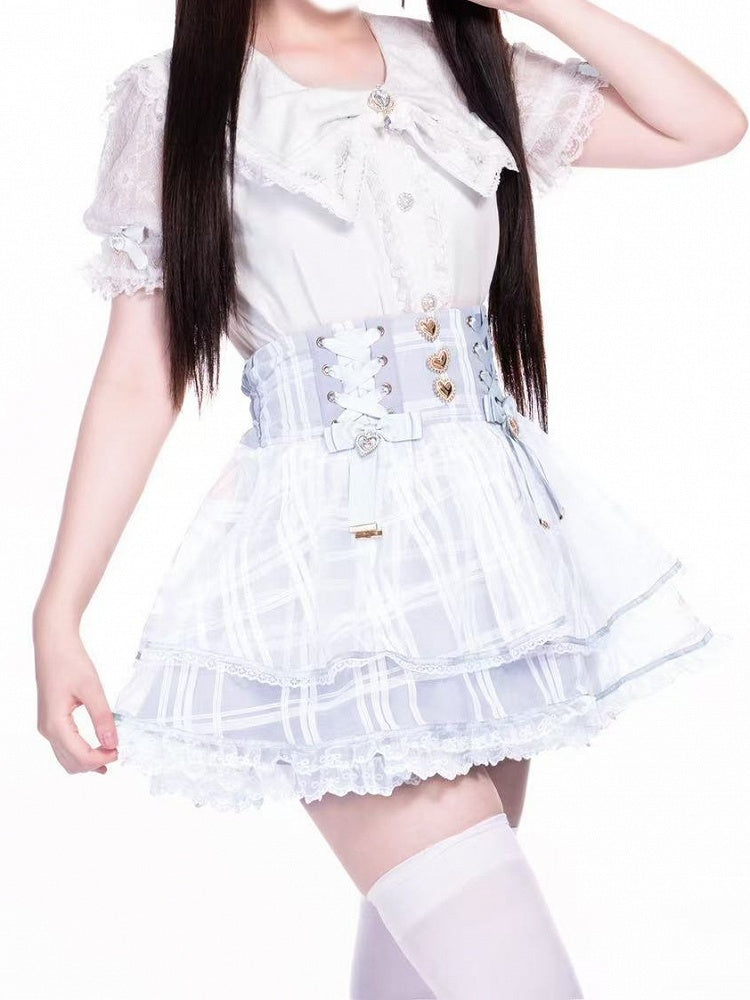 with High in Kei Triple-Layer Organza Blue Plaid Jirai Light Lace-up Waist Skirt