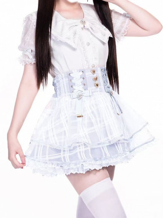 with High in Kei Triple-Layer Organza Blue Plaid Jirai Light Lace-up Waist Skirt