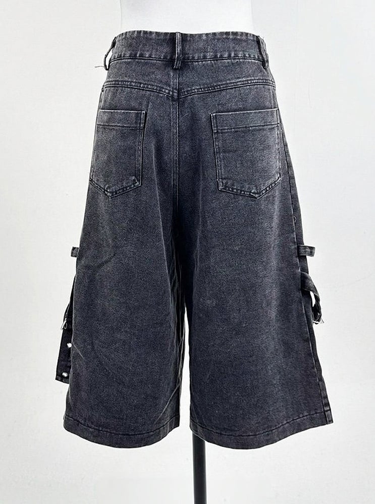 Dark Style Washed Gray Cargo Cropped Denim Pants with Embroidery Detail - Tribuo Flos