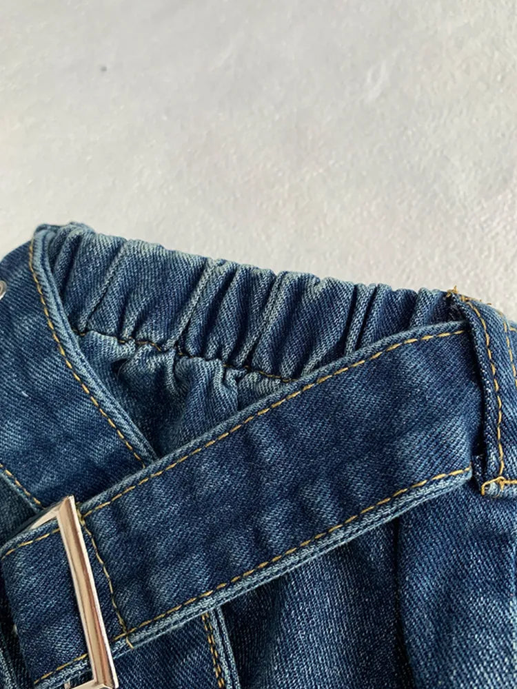 レッグフレアデニムバックルウォーマーストラップ ブルー