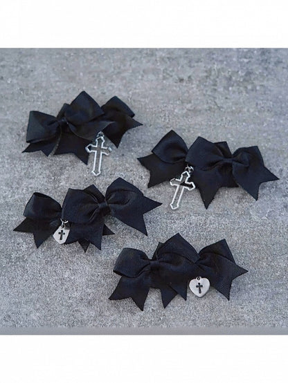 Black Gothic Bow Hairclip with Cross - Strange Sugar