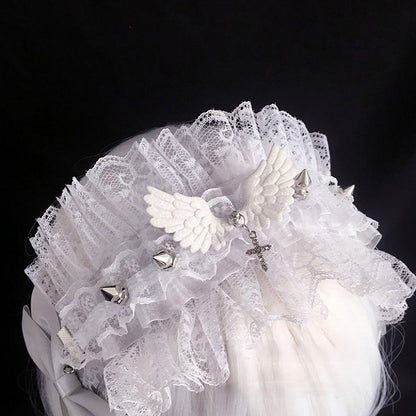 Hairband Wing Lace Cross Details Black/White decorated Studs Bow with