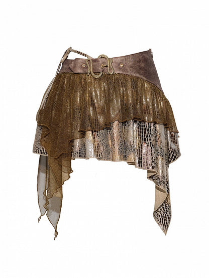 Brown Y2K Snakeskin Asymmetrical Skirt - Virtual Orbit