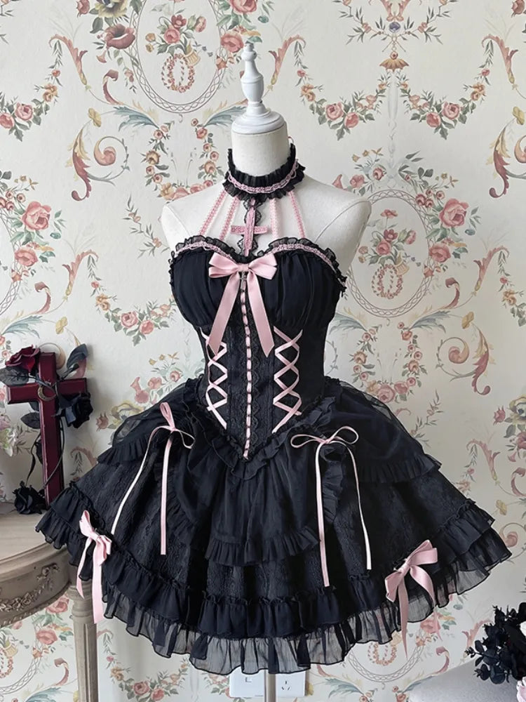 Cross Belle – Schwarzes und rosa Neckholder-Korsettkleid, Balletcore, Lolita, JSK