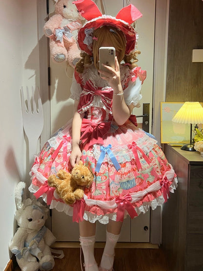 Bunny Bow Rose Sweet Accents Kleid und Print Lolita Erdbeerrosa