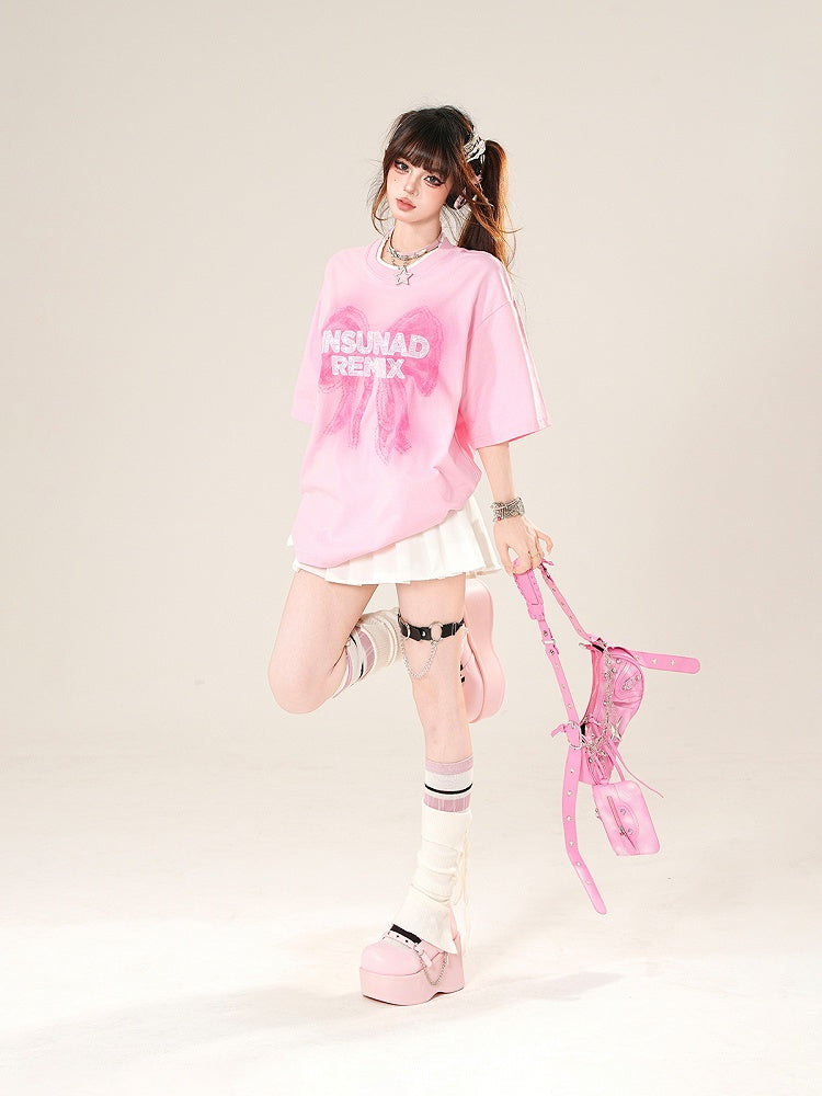 Pink Round Neck Big T-Shirt Bow Print Loose