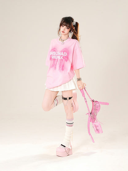Pink Round Neck Big T-Shirt Bow Print Loose