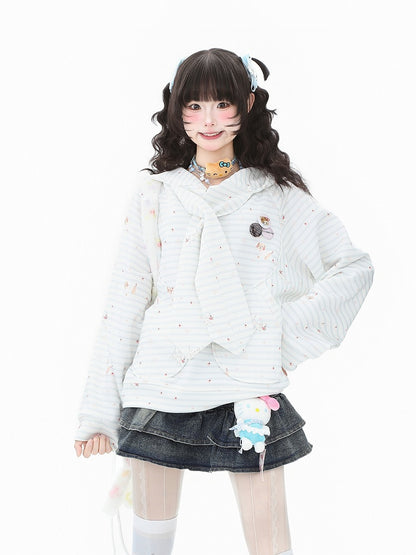 Adorable Puppy with Hoodie Blue/Pink Accents and Print Badge Striped