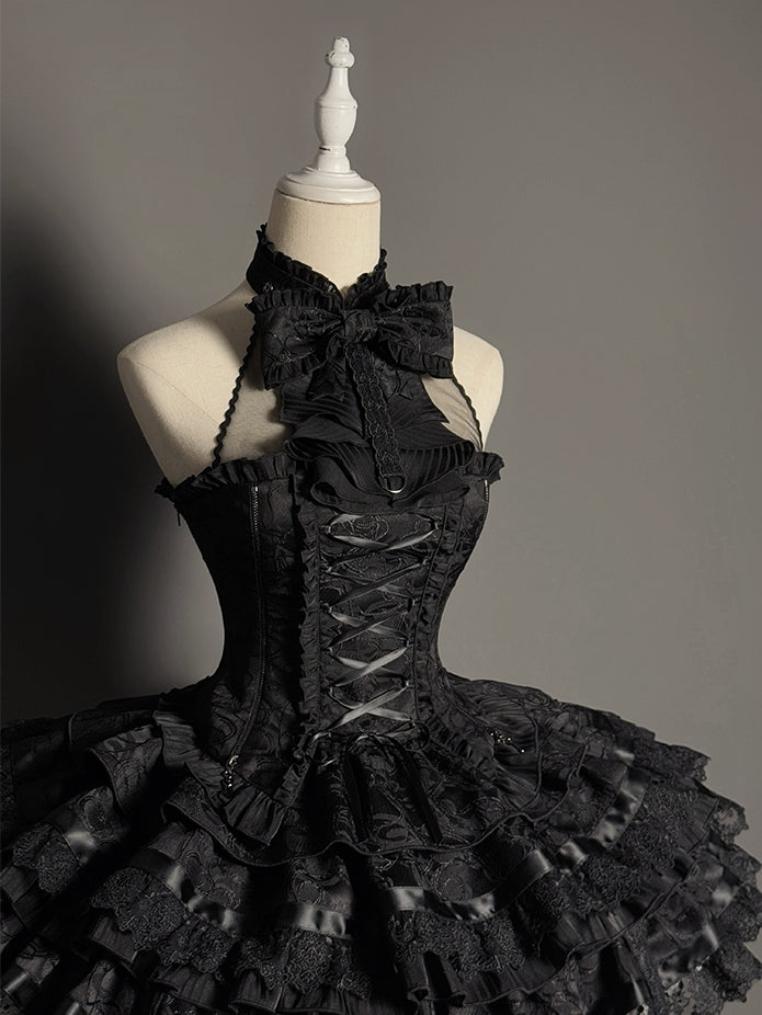 ビッグスリーブレスホルターネックブラックイリュージョンネックボウトップ