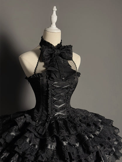 ビッグスリーブレスホルターネックブラックイリュージョンネックボウトップ