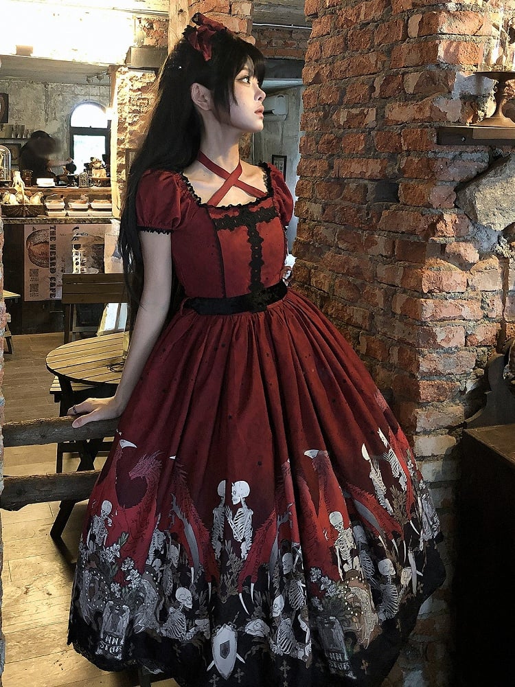 Lace Trim Black Dress Red Lolita and with Cross Print Skeleton Gothic