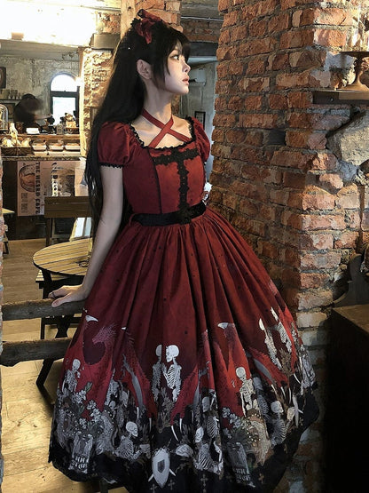 Lace Trim Black Dress Red Lolita and with Cross Print Skeleton Gothic