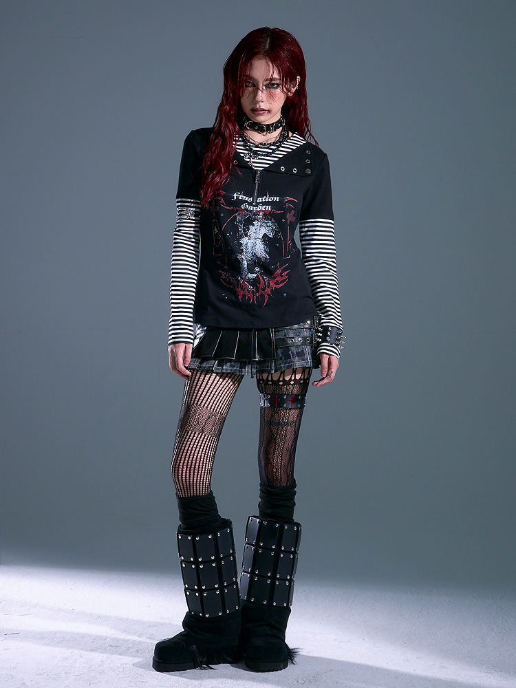 Pattern Black - Long Striped Rock Sleeve Punk Two-piece Top