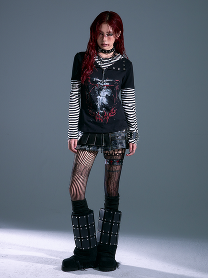 Pattern Black - Long Striped Rock Sleeve Punk Two-piece Top