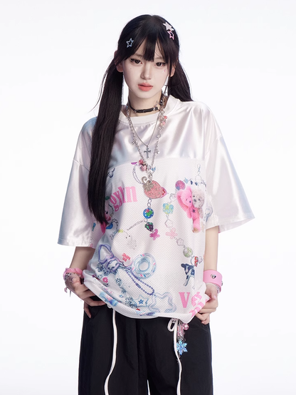 Weißes, lockeres T-Shirt mit Rundhalsausschnitt und Cartoon-Print