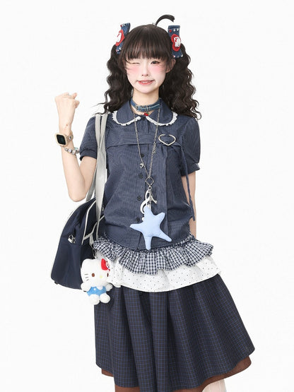 Blue Plaid Peter Pan Collar Shirt with Puff Sleeves and Heart Buckle - Languid Park