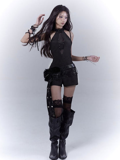 ベルト付きグラマラスブラックホルターネックスパイダーラインストーンジャンプスーツ（バックル付き）