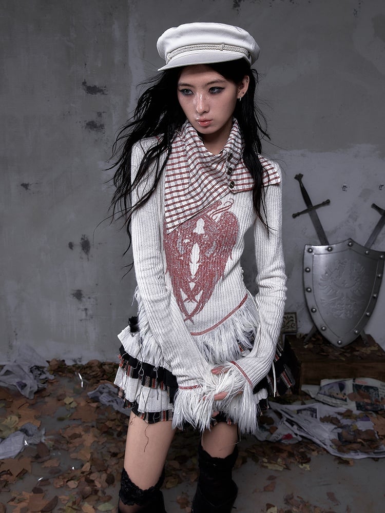 Shawl Vintage Red Print Christmas Plaid Knit Punk Top White Collar Wing with