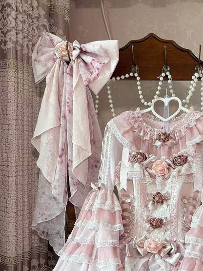 Pink Train Rose Accents Floral Bow with Print
