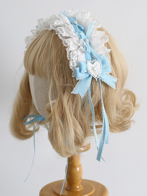 Weißblaue Schleife, verziert mit Clips, Zierdetails, Perlen und Rüschen, Haarband, süßes Lolita