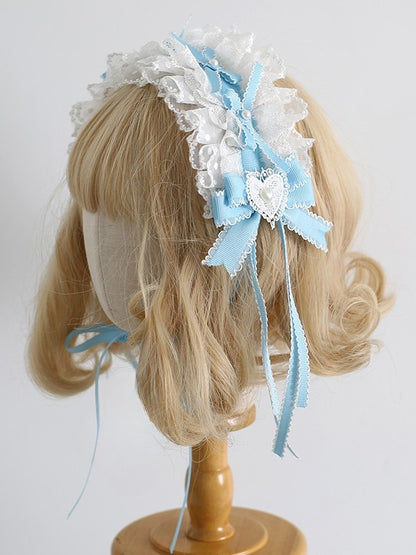 WhiteBlue Bowknot Decorated Clips Trim Details Beaded With Ruffled Hairband Sweet Lolita