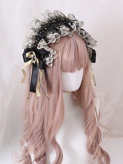 Gothic Lolita Hairband Bowknot Gorgeous and Gold Black Lace