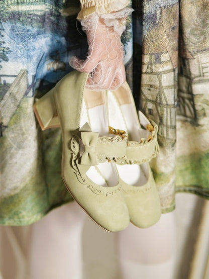 Lace High with Bow Green Block Heels Scalloped Sweet Fit - Slip-In Design Hem Accents Lolita