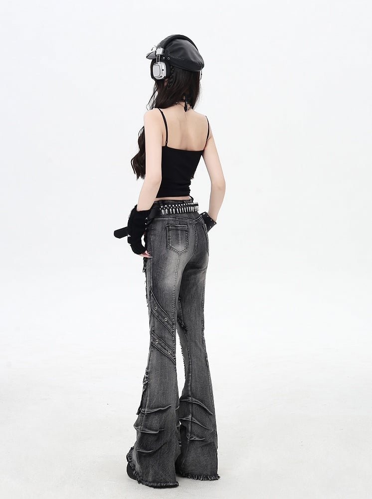 Black Rise Raw Hem Faded Wash Flared Cargo Jeans Y2K Low