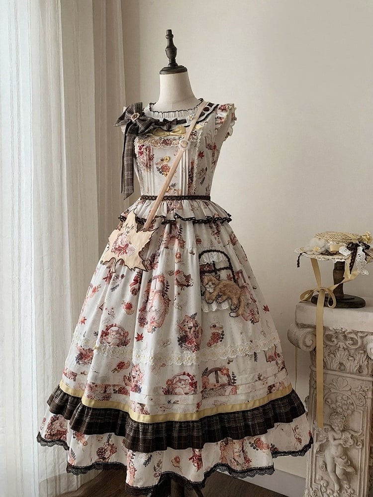Cat and Maple Floral Print Jumper Skirt with Ruffle Trim - Lineall Cat