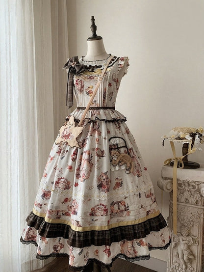 Cat & Maple Floral Print Sweet Lolita Jumper Dress with Ruffles - Lineall Cat