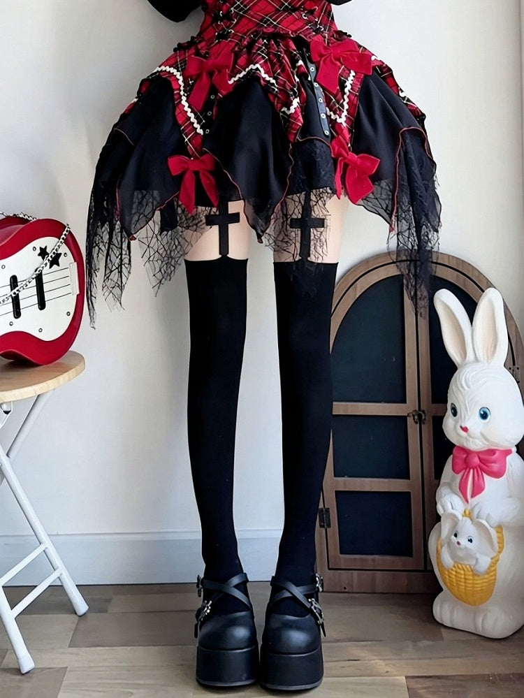Cross-Patterned Gothic Lolita Over-The-Knee Stockings, Black - Milkcat Studio