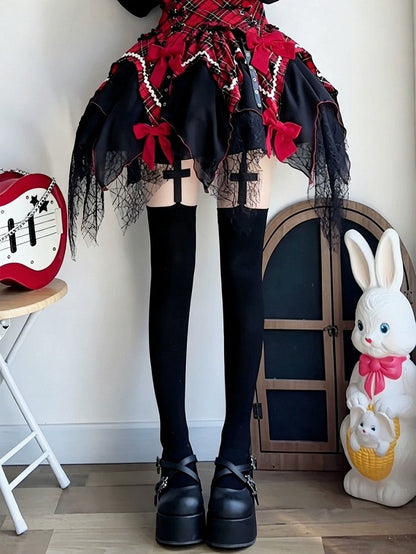 Cross-Patterned Gothic Lolita Over-The-Knee Stockings, Black - Milkcat Studio