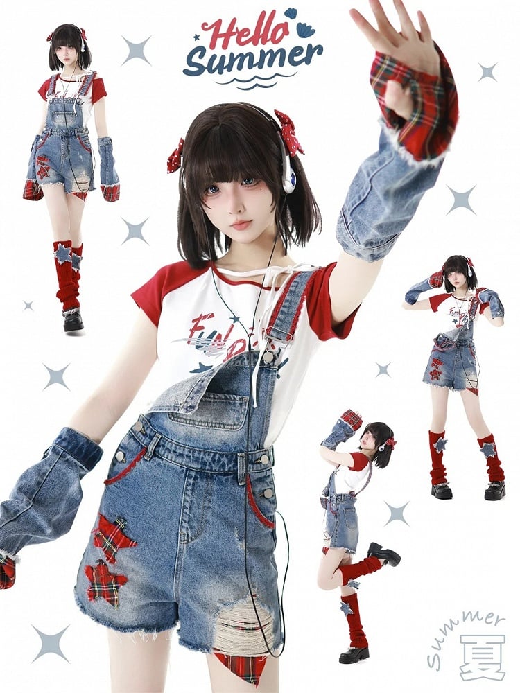 Distressed Denim Shorts Raw with Overall Appliques Blue Star Hem Holes Armwears Plaid Free