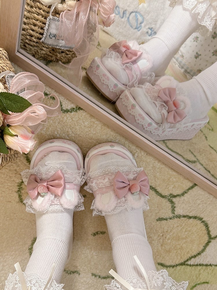 Sweet Accents Lolita Bunny Bow Pink Plush Slippers Ear Trim Platform Lace
