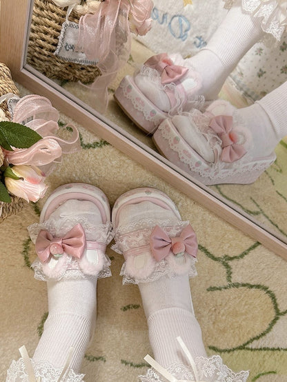 Slippers Pink Trim Platform Sweet Lace Bunny Ear Accents Lolita Plush Bow