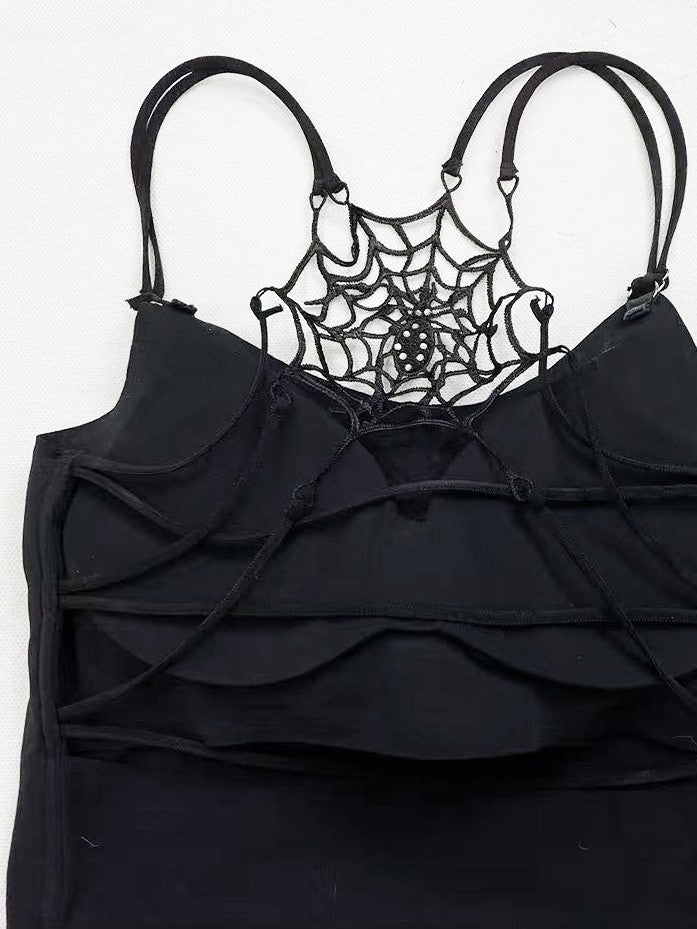 ダイタイデザイン + チェック柄キャミソールドレス トップネック アシンメトリースカートディテール ホワイト ブラックヘム ホルターネック スパイダーウェブ